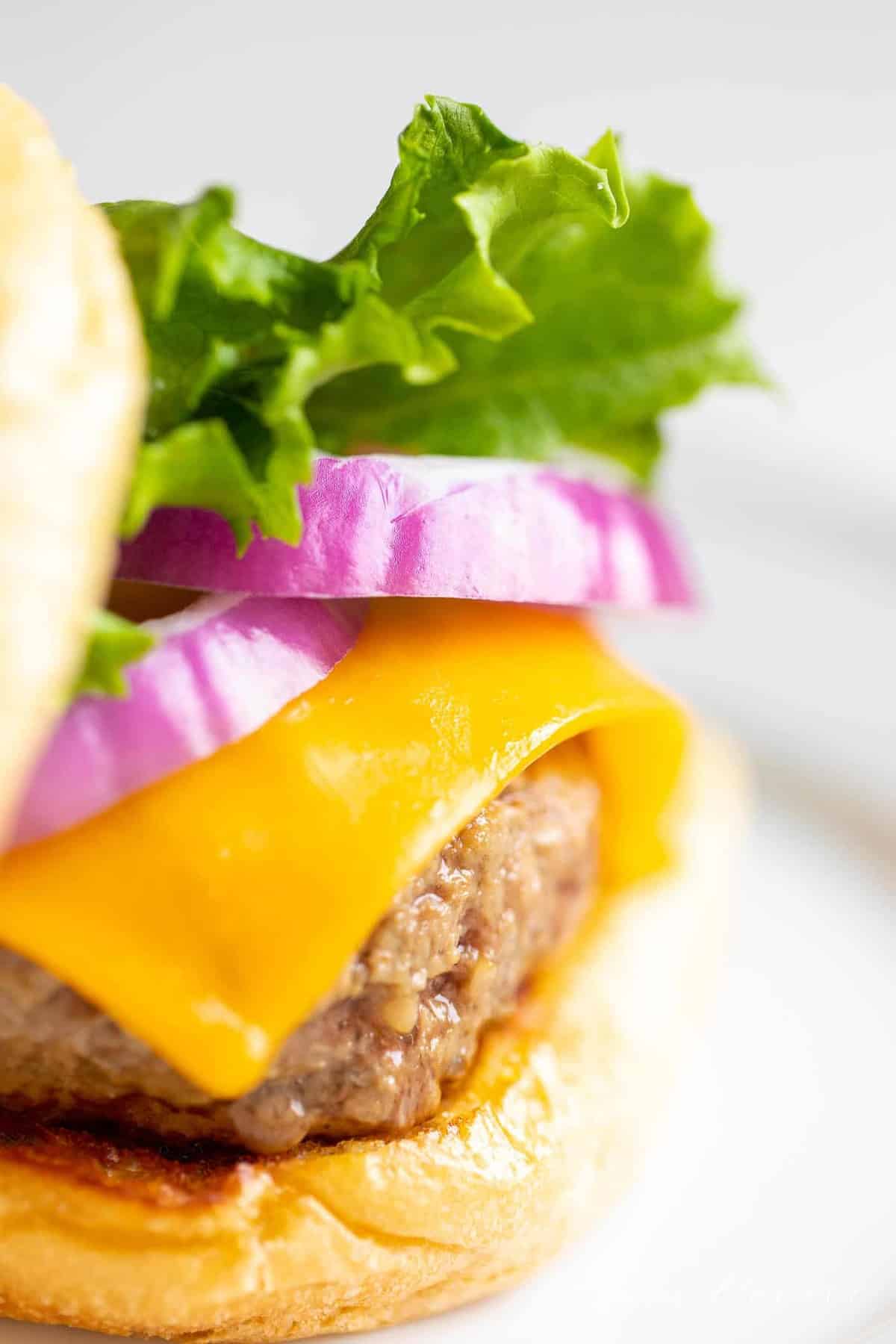 A juicy burger with lettuce, cheese, and onions on a white plate. 