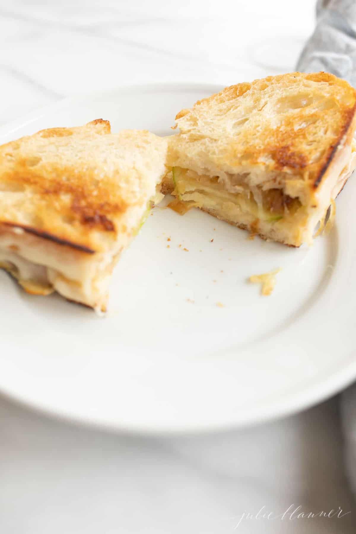 White plate with a sliced gourmet grilled cheese sandwich.