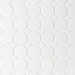 White hexagon tile floor, white grout.