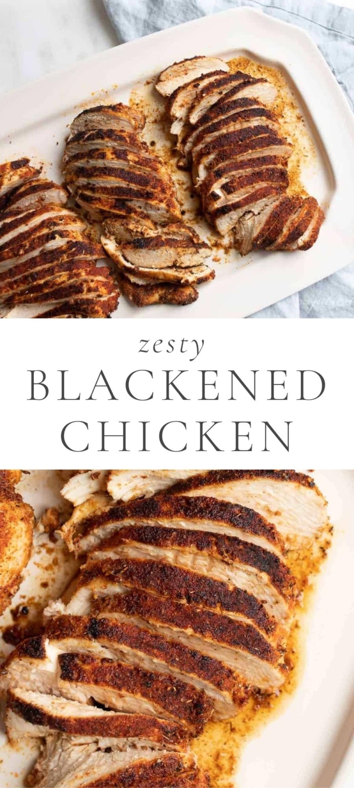 zesty blackened chicken in plate next to blue napkin