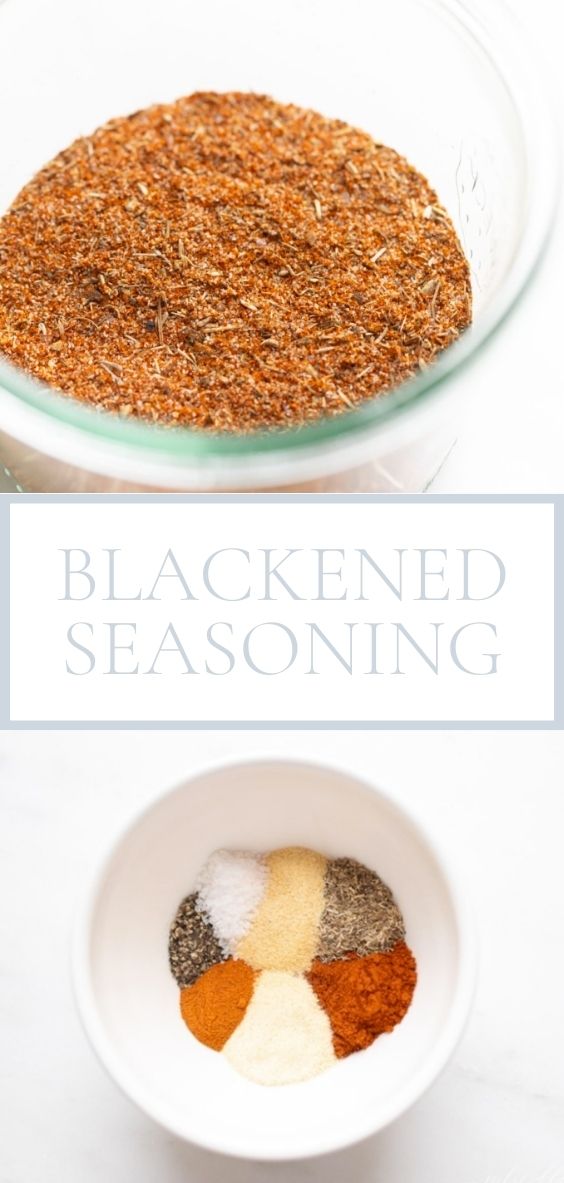 In a clear round bowl there is blackened seasoning blend and below it is a round white bowl containing all the spices to make blackened seasoning.