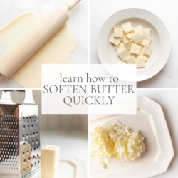 A graphic image with a headline that reads "learn how to soften butter quickly" with a variety of images of softened butter techniques.