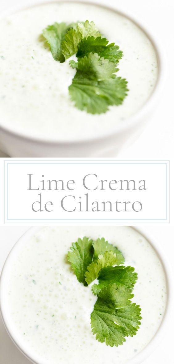 Lime Crema de Cilantro is pictured in a round white bowl on a marble counter top.