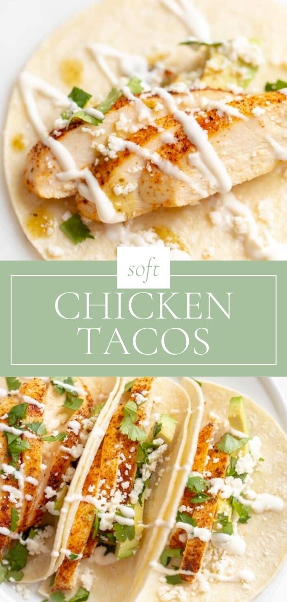 On a round white plate, there are a few soft chicken tacos.