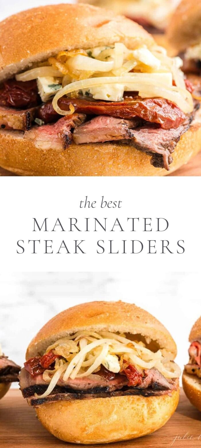 Steak Slider sandwiches with text in the middle describing the food