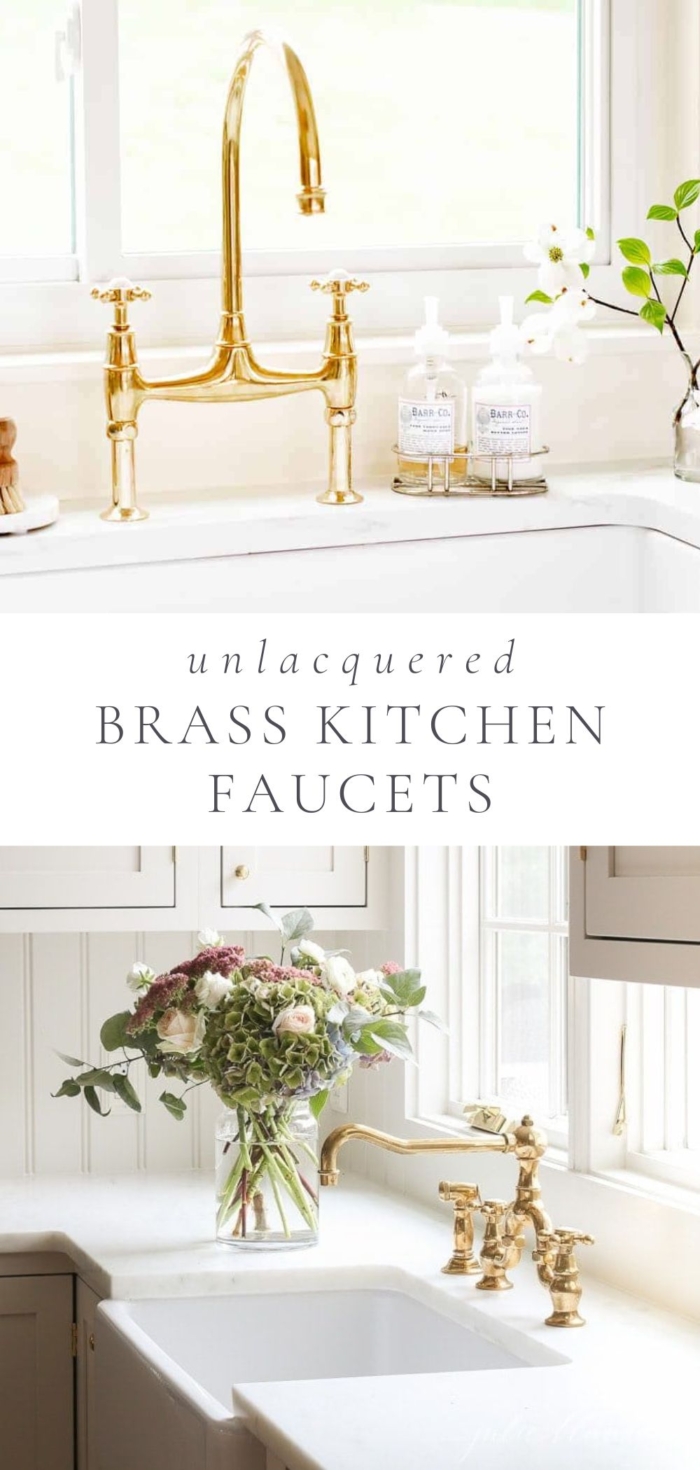 two pictures of unlacquered brass faucets with flowers