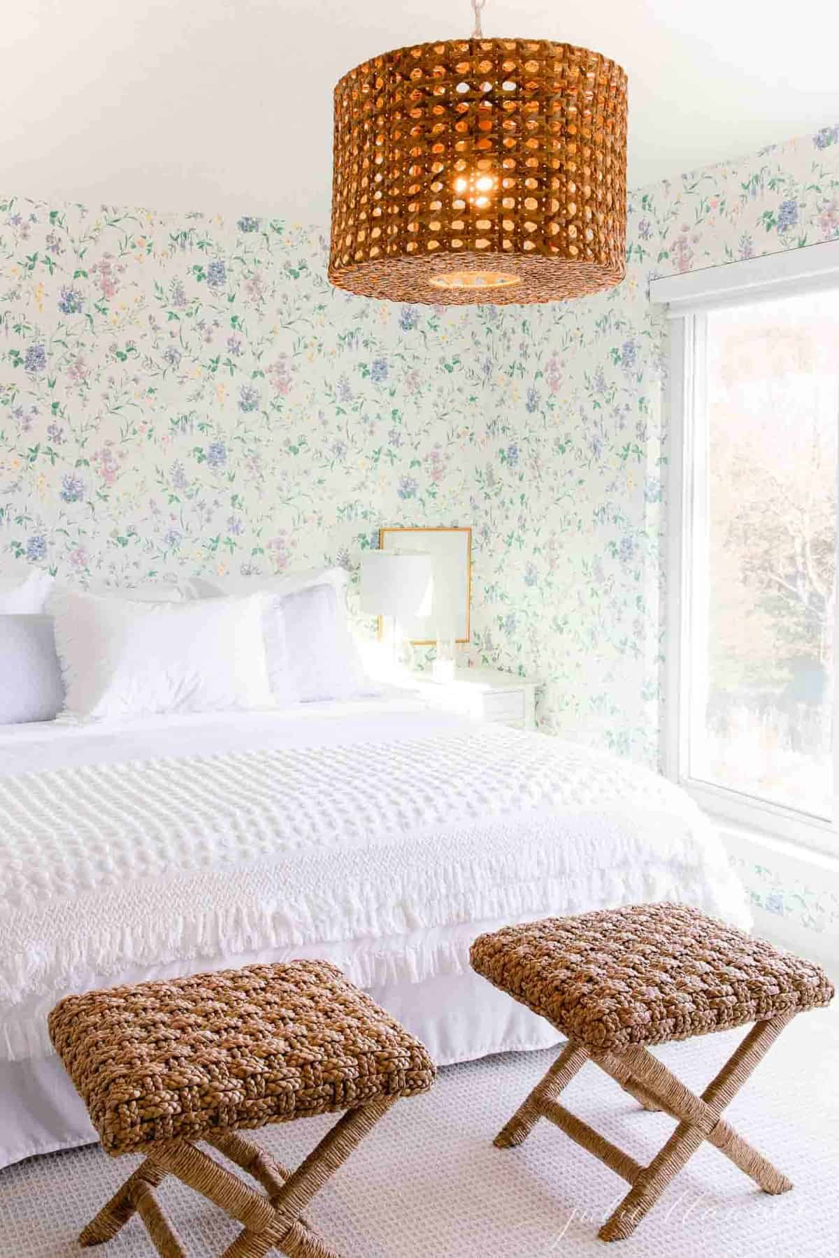 A cottage bedroom with white bedding, floral wallpaper, and a big window with a blackout shade.