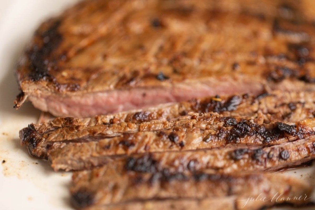 Close up of sliced steak on a white plate.