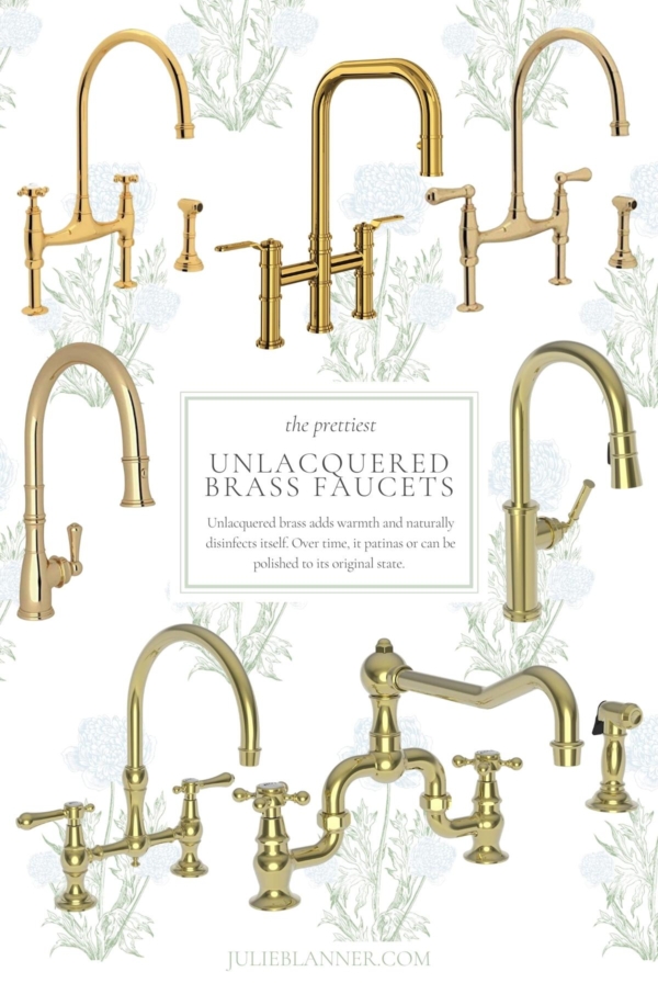 A graphic image with blue hydrangea in the background, showcasing a variety of unlacquered brass faucets.