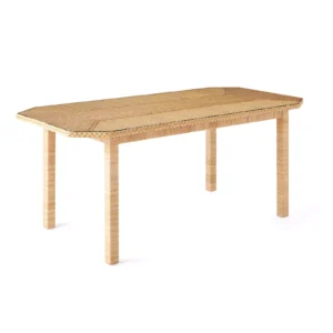 A rectangular wooden table with four legs and a smooth, light-colored surface.