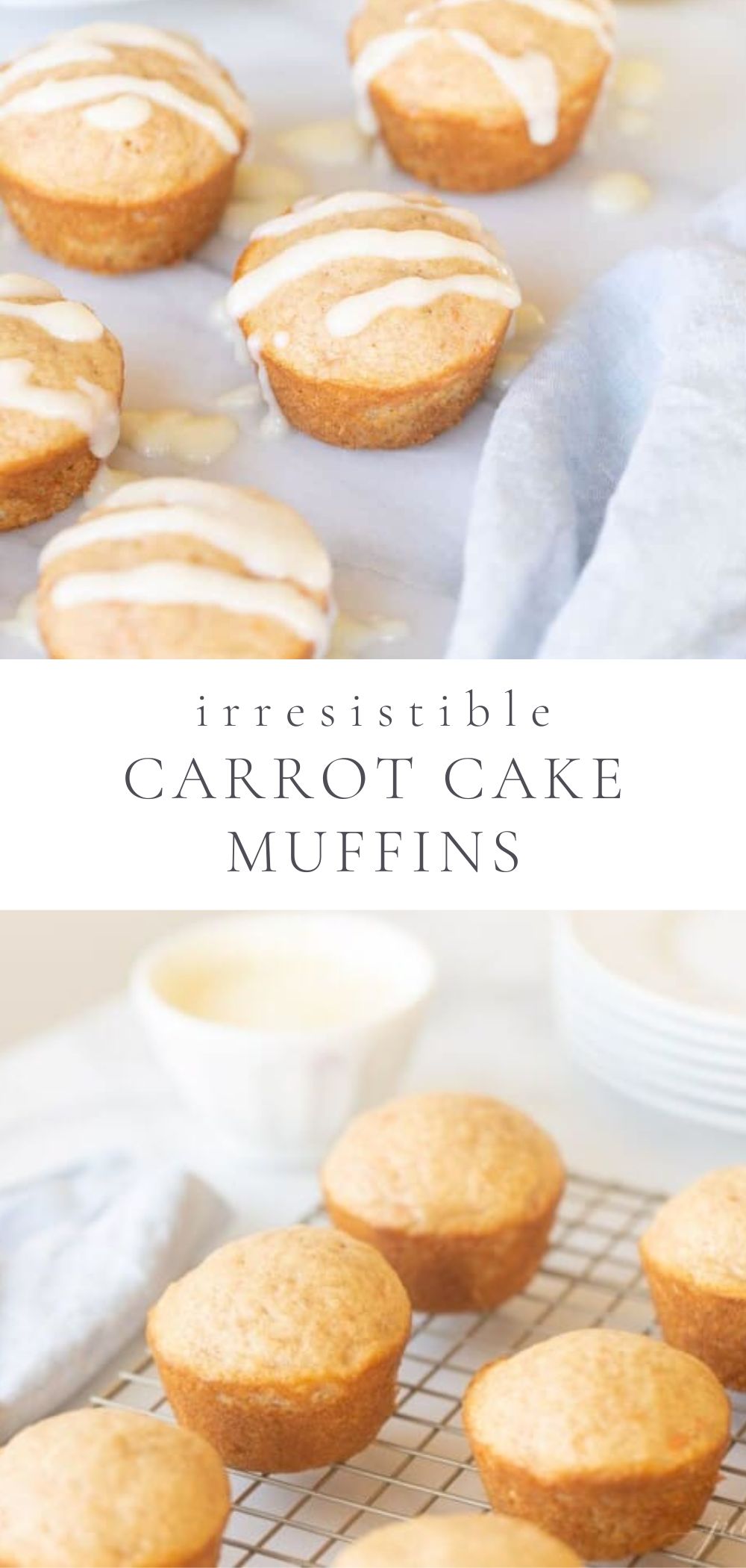 carrot cake muffins with a stack of plates and pitcher of frosting in the background.