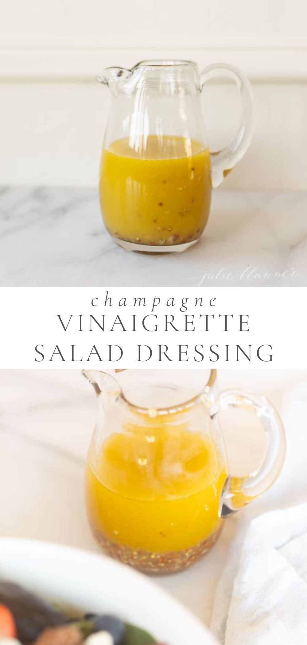 A white background with a small clear pitcher of homemade champagne vinaigrette dressing.