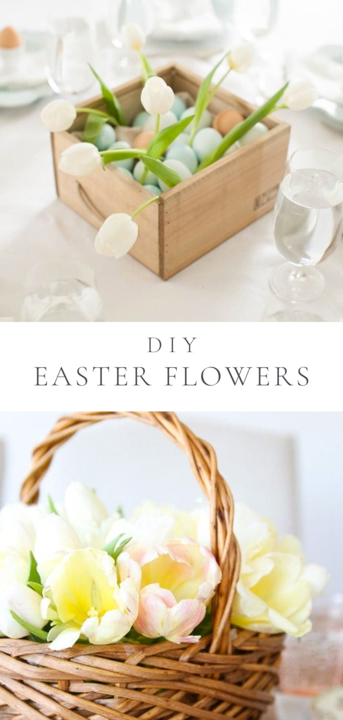 easter flowers are displayed in two pictures. The top one has tulips in a wooden crate style box and the bottom in a basket.