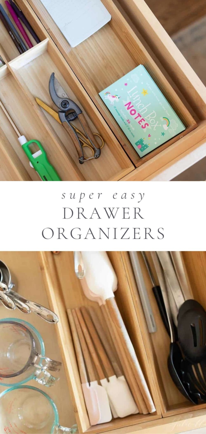 two pictures of drawer organizers with kitchen tools in the drawers
