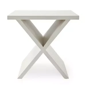 A white, X-shaped wooden table with a flat square top and intersecting legs.