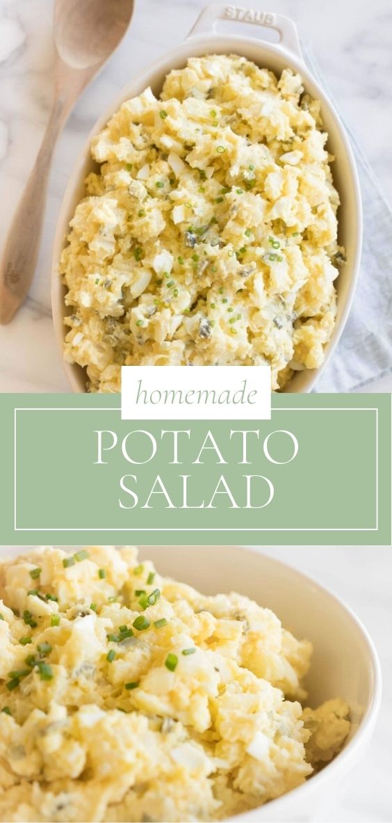 Creamy Homemade Potato Salad is pictured in a white dish on a marble counter top with a wooden spoon.