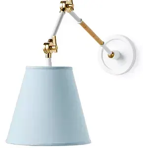 Wall-mounted lamp with adjustable brass and white metal arm, featuring a light blue conical lampshade.