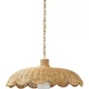 A woven wicker pendant light hanging from a chain with a scalloped edge design and a visible light bulb.