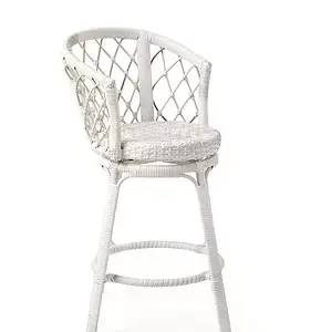 White wicker bar stool with a round woven seat, curved backrest, and lattice design. The stool has four legs connected by a circular footrest.