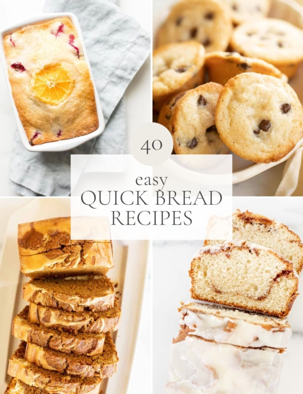A graphic image featuring four different pictures of quick bread recipes - title reads "40 Easy Quick Bread Recipes"