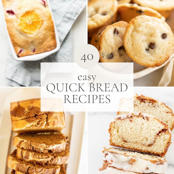 A graphic image featuring four different pictures of quick bread recipes - title reads "40 Easy Quick Bread Recipes"