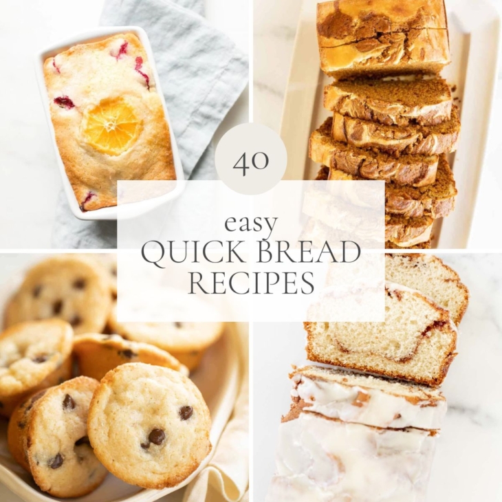 A graphic image featuring four different pictures of quick bread recipes - title reads 
