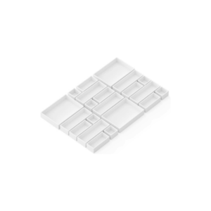A white modular organizer tray with various rectangular and square compartments, perfect as drawer dividers or drawer organizers, arranged in a grid pattern on a white background.
