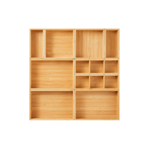A wooden wall-mounted shelf with ten rectangular compartments of varying sizes arranged in a grid pattern, perfect for use as drawer organizers or drawer dividers in your space.