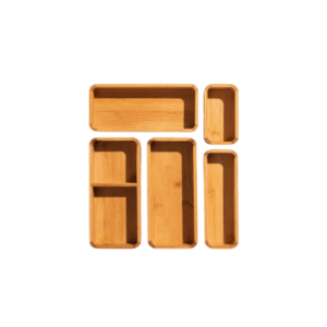 Six wooden drawer organizers of various sizes are arranged on a white background.