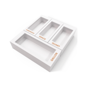 White drawer organizer with four labeled sections—"SANDWICH," "SNACK," "QUART," and "GALLON"—serves as a practical drawer divider for neatly sorting storage bags.