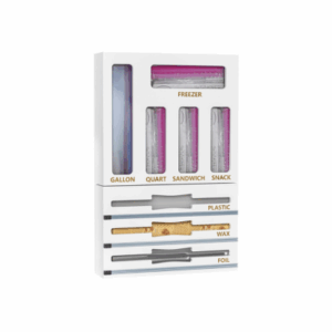 A white drawer organizer holding freezer bags labeled gallon, quart, sandwich, and snack, plus rolls for plastic, wax, and foil wrap—perfect for use with your favorite drawer dividers.