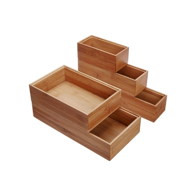 A set of three wooden boxes, serving as kitchen drawer dividers, on a white background.