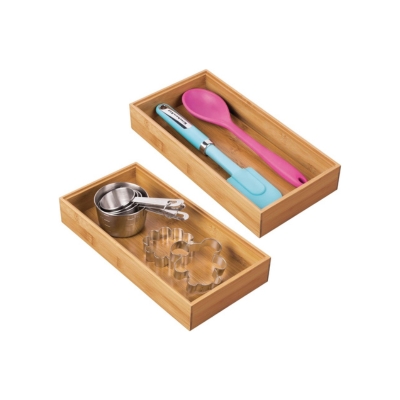 Two wooden boxes with silverware and utensils in them, serving as kitchen drawer dividers.