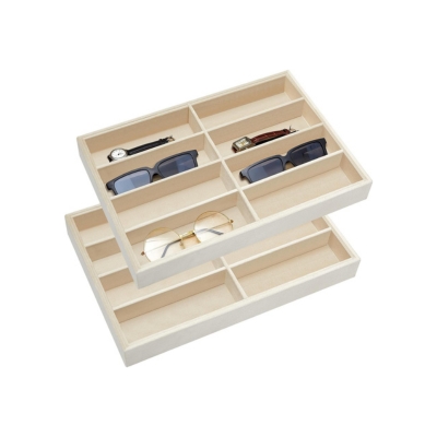 A pair of glasses and a pair of sunglasses neatly stored in a wooden box, thanks to the drawer organizer.