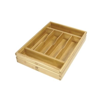 A wooden box with several compartments, suitable for kitchen drawer inserts.