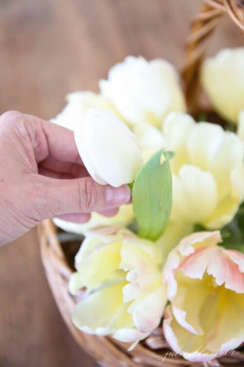A hand reaching into yellow tulips while designing a flower basket arrangement.