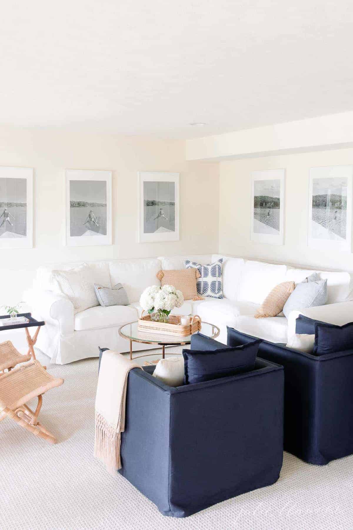 white and blue living room with modern furnishings