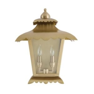 Gold outdoor wall lantern with a decorative scalloped edge, clear glass panel, and two candle-style light bulbs inside.