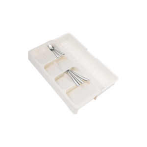 A white plastic cutlery tray with two compartments holding spoons and forks, and three empty compartments—perfect as a simple drawer organizer to keep your utensils sorted.
