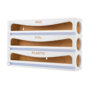 A white and wood wall-mounted organizer with three labeled sections for wax paper, foil, and plastic wrap—perfect for pairing with drawer dividers or other drawer organizers for a tidy kitchen.