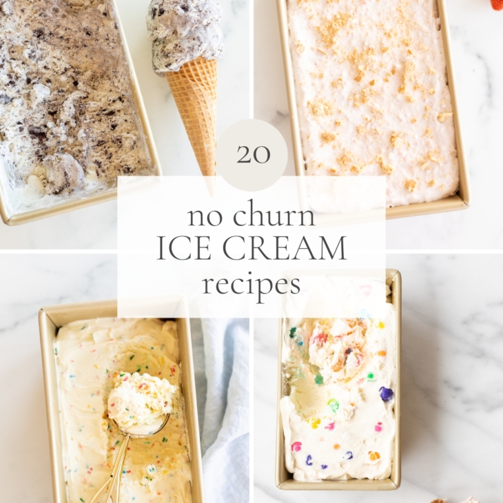 A graphic image featuring four different condensed milk ice cream recipes, headline reads "20 no churn ice cream recipes"