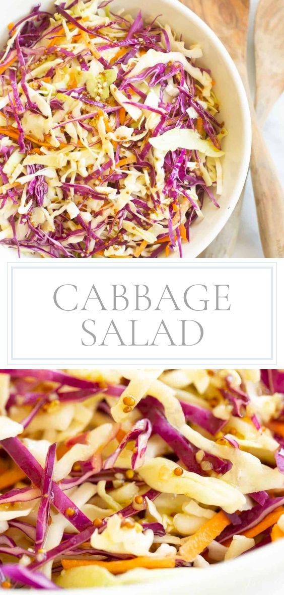 White salad bowl filled with colorful cabbage salad. #cabbagesalad