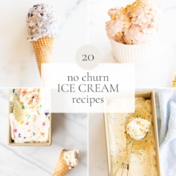 A graphic image featuring four different condensed milk ice cream recipes, headline reads "20 no churn ice cream recipes"