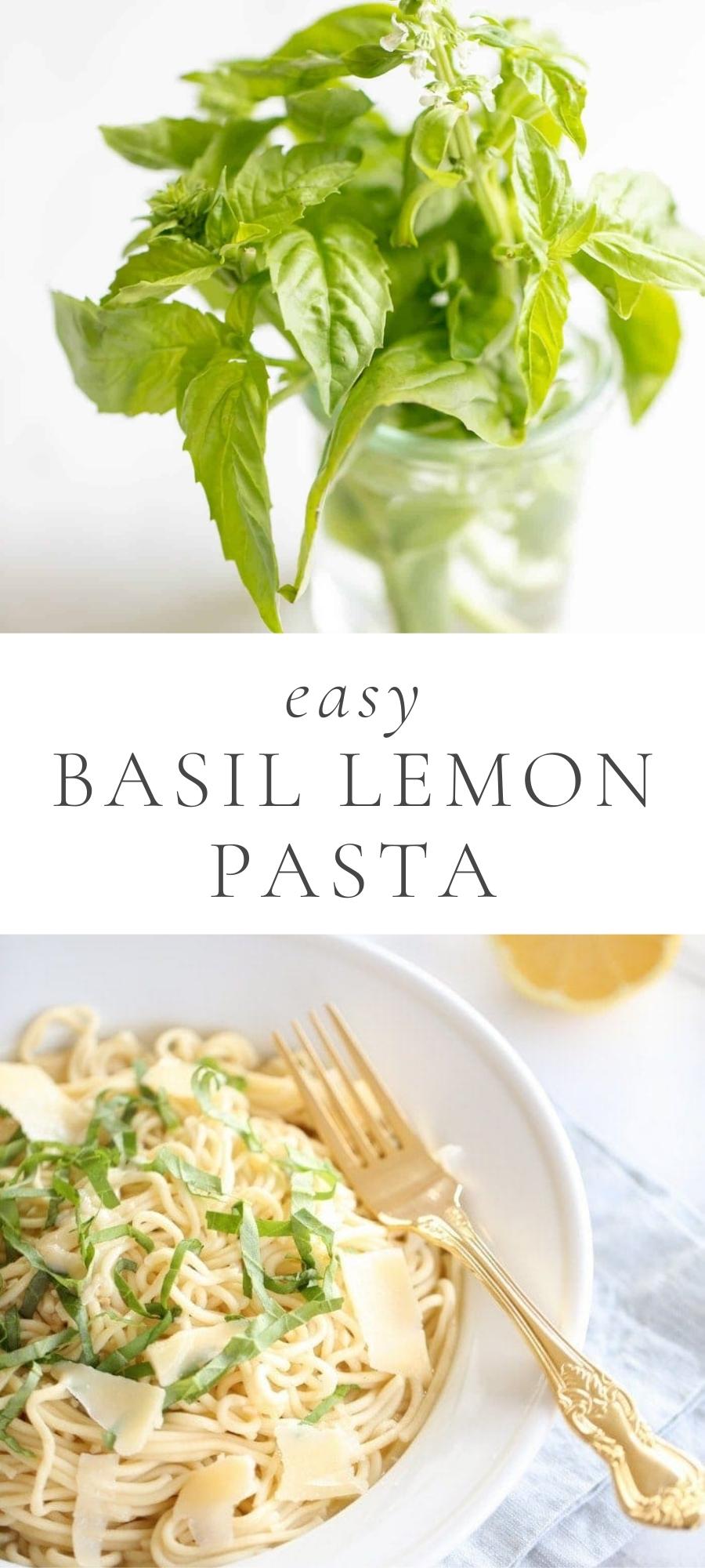 basil in glass and pasta with basil and lemon in. plate with wood spoon