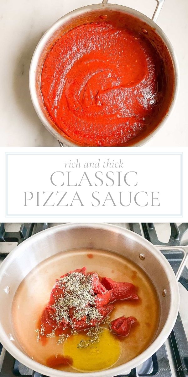 Top photo is an overhead shot of red pizza sauce in a silver pot. Bottom photo is silver pot with unmixed pizza sauce ingredients.
