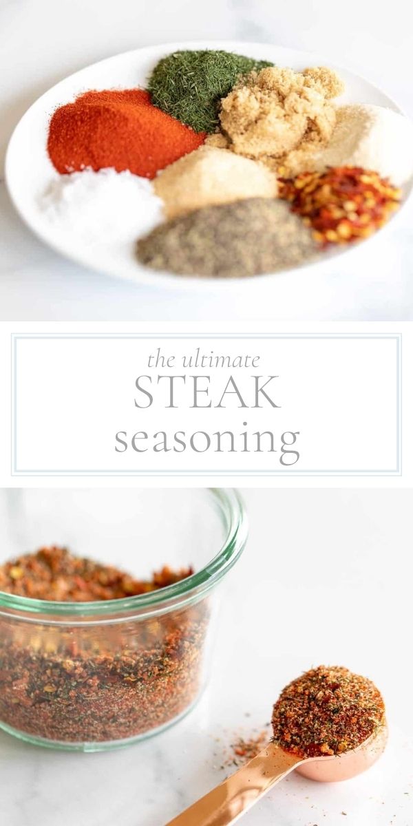 Top of photo is a plate of seasoning. Middle of photo is wording that reads "the ultimate steak seasoning.' Bottom photo is a clear glass ramekin containing spice blend. Next to ramekin is a small gold scoop holding some of the spice blend.