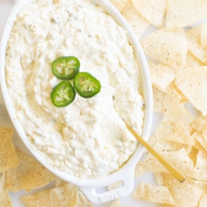 An oval serving dish full of jalapeno dip, surrounded by tortilla chips.