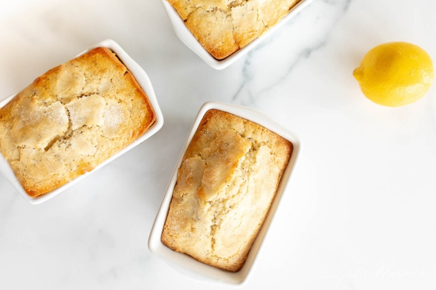 Small lemon poppy seed loaf in white ceramic loaf pans TeamJiX