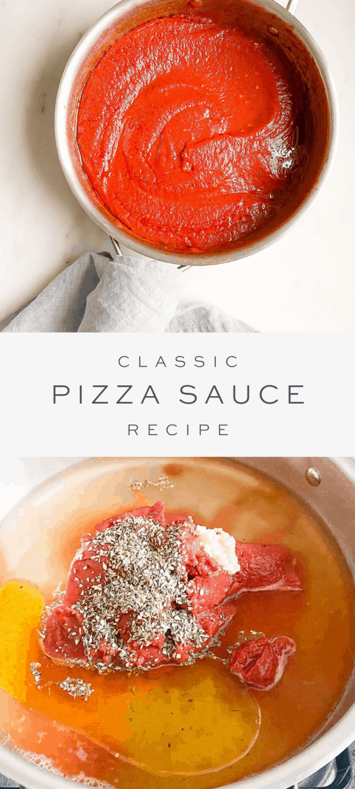pizza sauce in skillet, overlay text, close up of pizza sauce ingredients in skillet