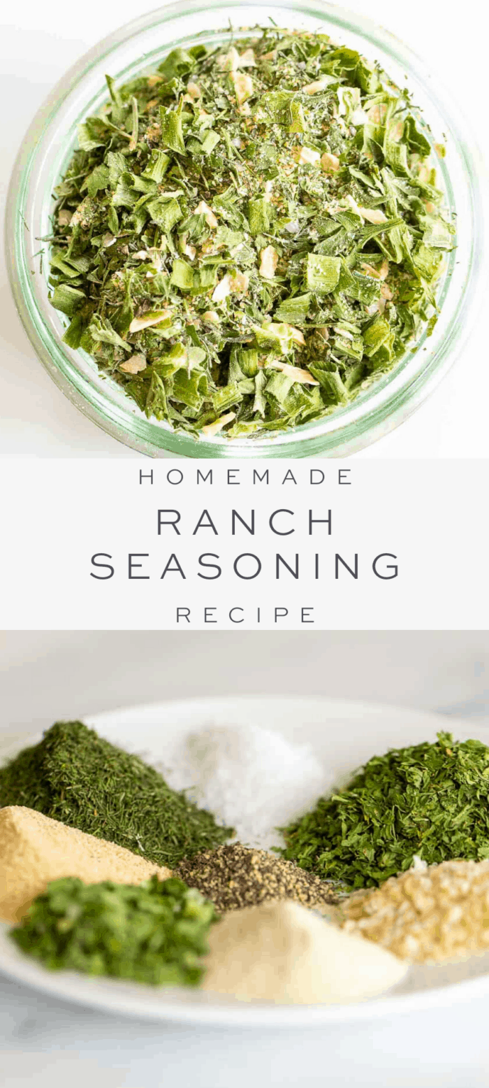 ranch seasoning in small clear bowl, overlay text, ingredients in ranch seasoning